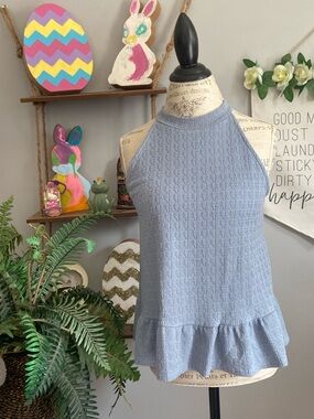 W5 Medium Light Blue Halter Peplum Knit Top Shirt